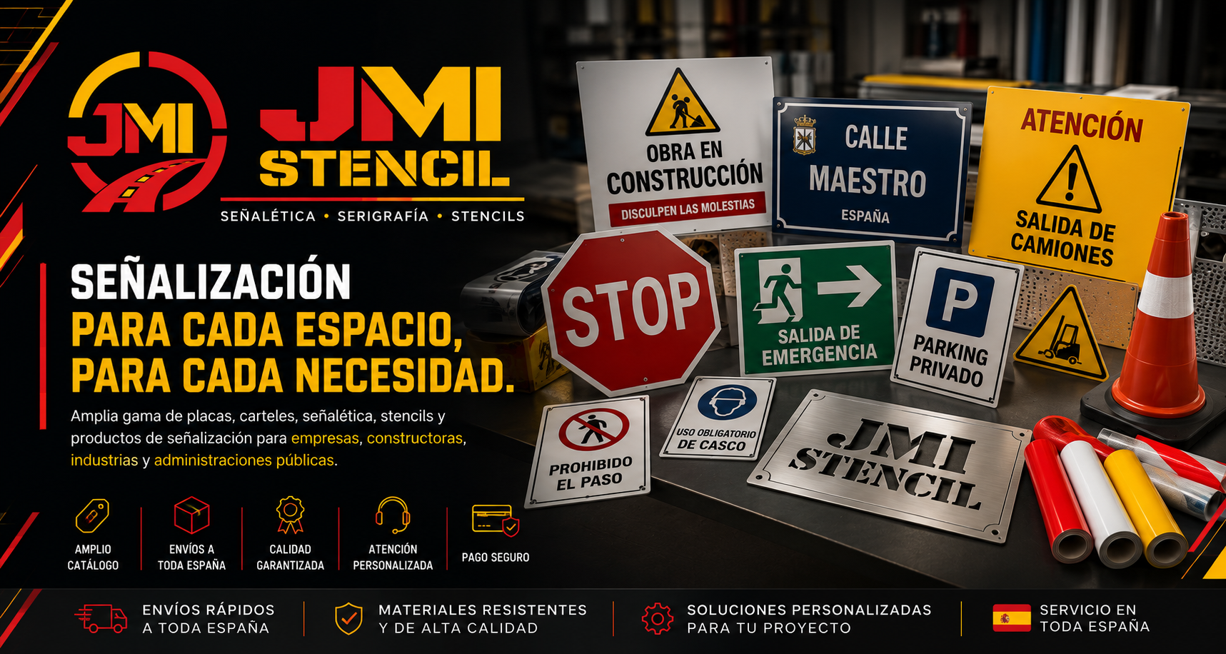 Catálogo de señales de tráfico, stencils y materiales de señalización de JMI Stencil